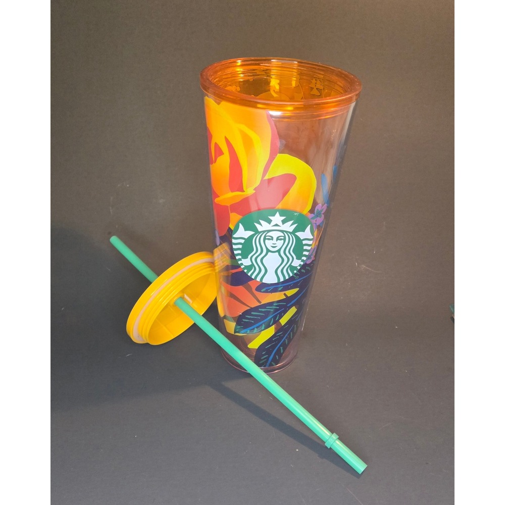 Starbucks 24oz Venti Cold Cup Tumbler Tropical Floral Orange Yellow Green Straw